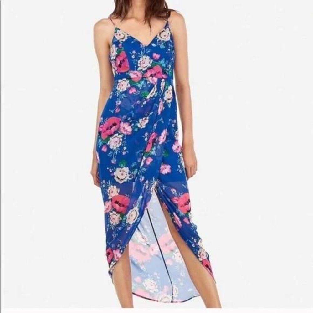 Express Blue Floral Chiffon Wrap Maxi Slip Dress XL Tropical Resort Beach NWT